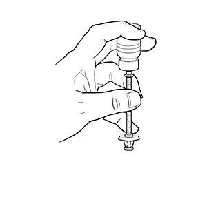Tay cầm ống tiêm và lọ insulin. Ống tiêm nằm bên dưới lọ có cần đẩy được đẩy vào.